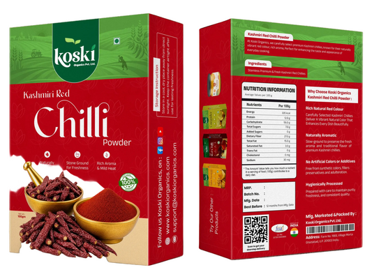 Front and back views of Koski Kashmiri Red Chilli Powder packaging boxes, showing the red and green design, product imagery of dried red chilies in bowls, and back panel details including nutrition info and QR code