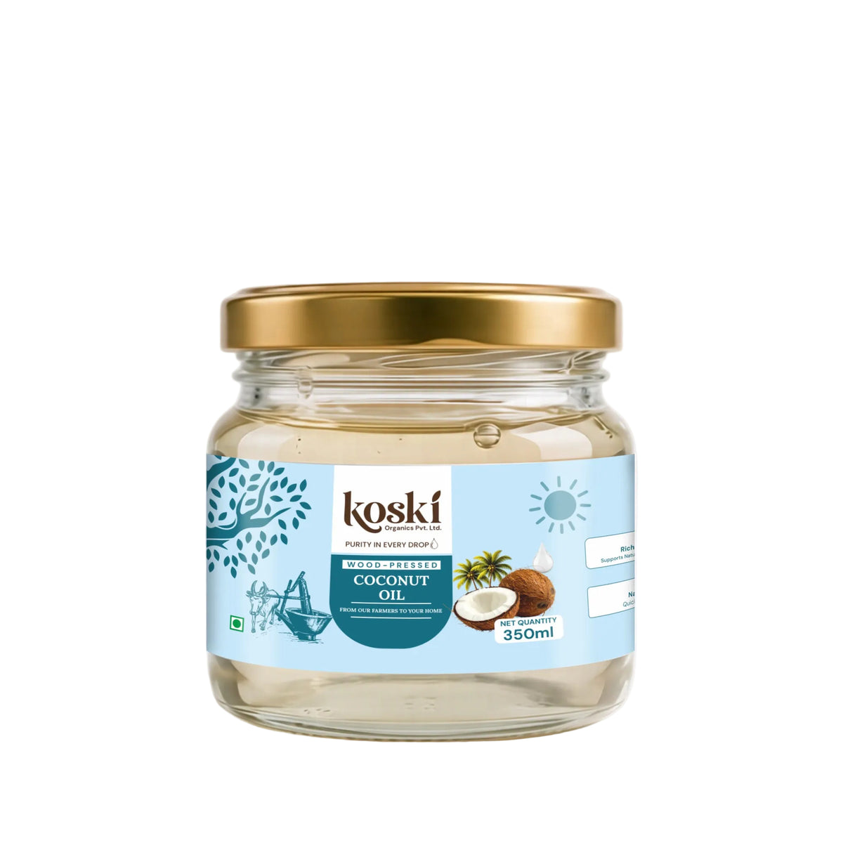A glass jar of Koski Pure Virgin Coconut Oil with a gold metal lid and a light blue label, set against a clean white background.