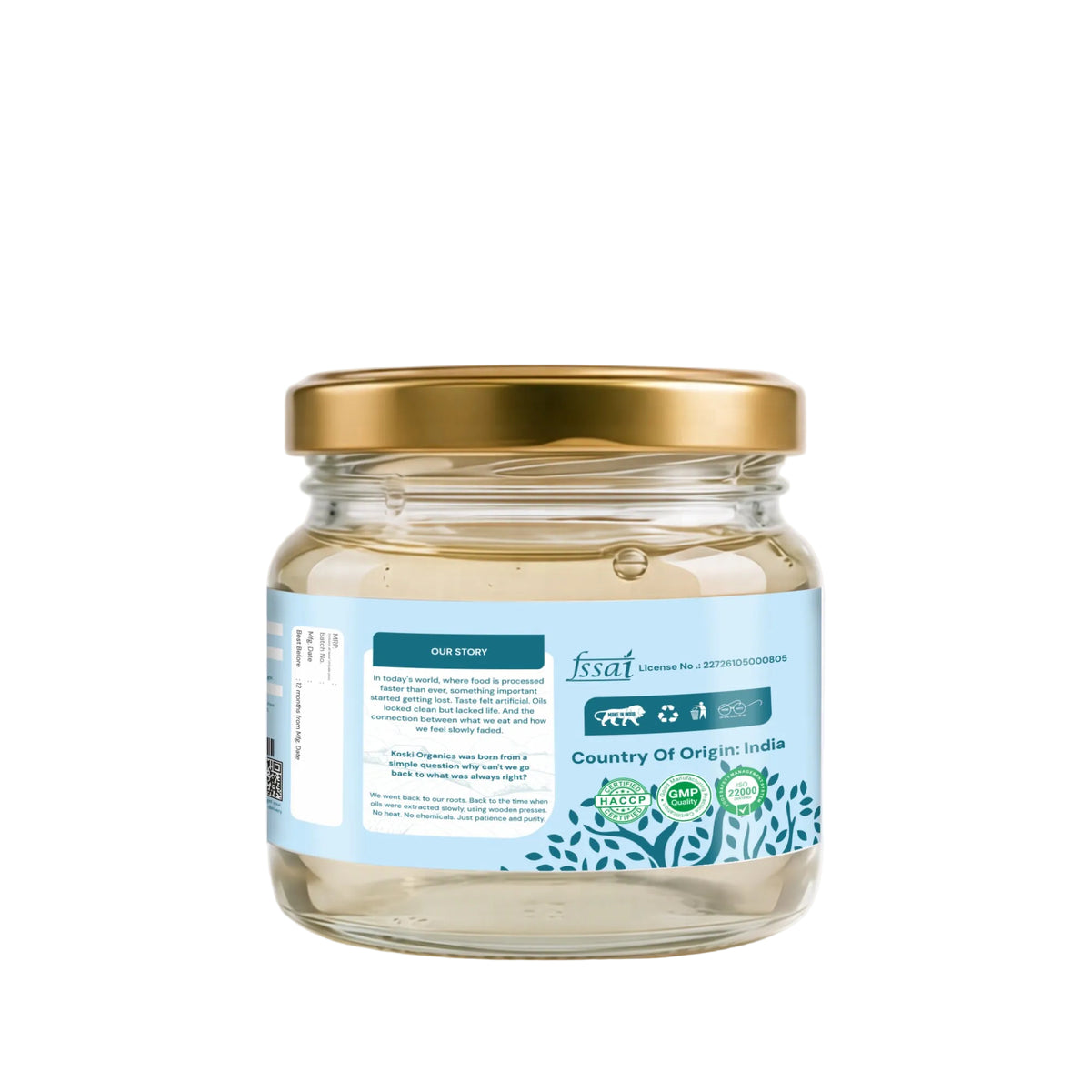 A glass jar of fish oil with a gold metal lid and a light blue label, set against a clean white background.