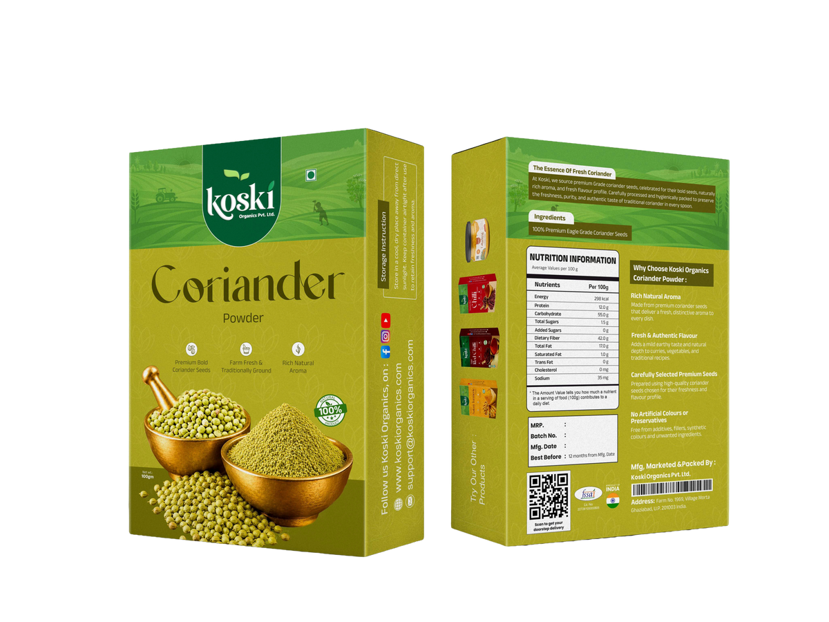 Two boxes of Koski organics Coriander Powder shown on a plain white background, with one front-facing box and one side/back-facing box displaying product details, nutrition facts, QR code, and ingredient imagery.