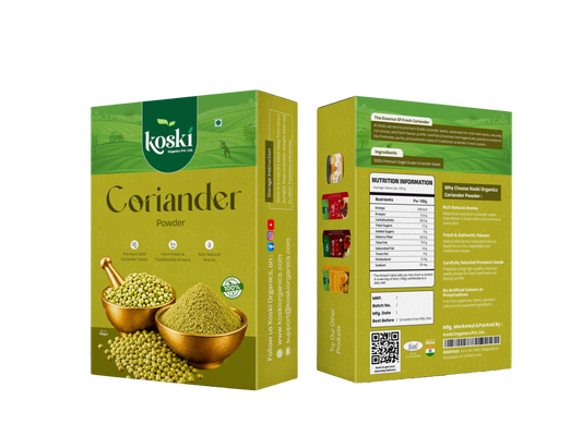 Two boxes of Koski organics Coriander Powder shown on a plain white background, with one front-facing box and one side/back-facing box displaying product details, nutrition facts, QR code, and ingredient imagery.
