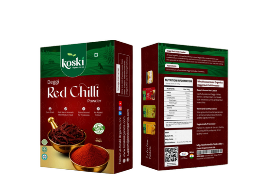 Front and back views of a Koski Deggi Red Chilli Powder box on a plain white background.