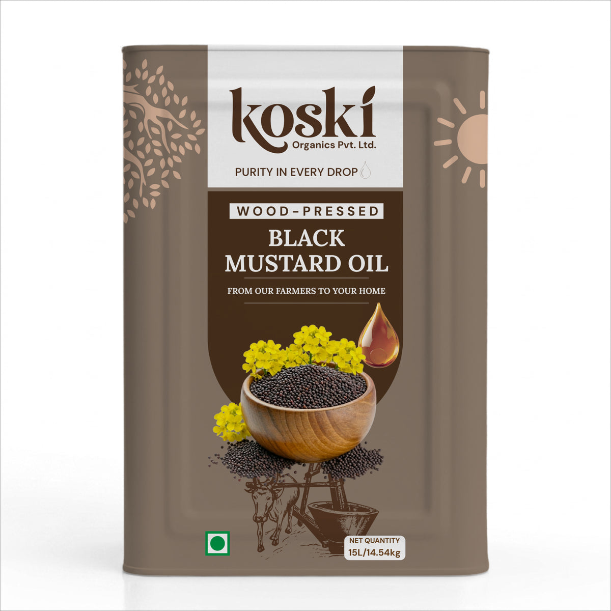 A 15L metal tin of Koski Organics Pvt. Ltd.