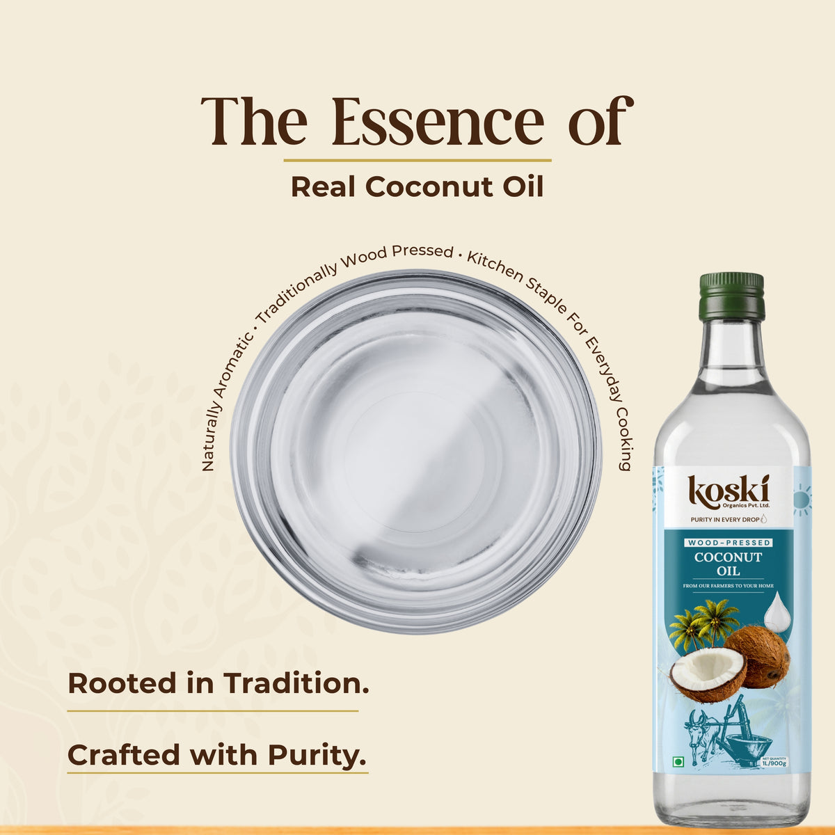 A bottle of Koski Premium Coconut Oil shown beside a large clear glass bowl on a warm beige background with promotional text reading 'The Essence of Real Coconut Oil' and 'Rooted in Tradition. Crafted with Purity.