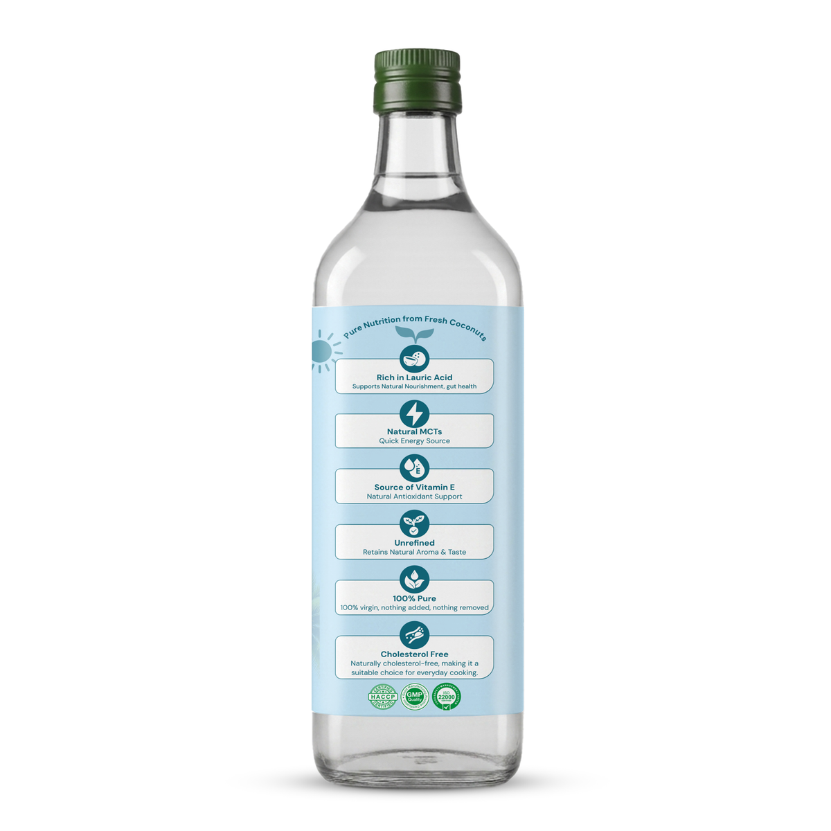 A clear glass bottle of liquid supplement with a green cap and a light blue label featuring text and icons about its benefits, set against a plain white background