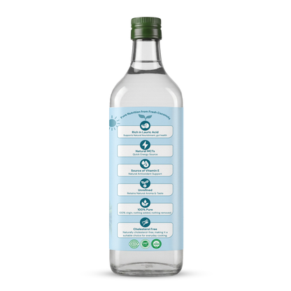 A clear glass bottle of liquid supplement with a green cap and a light blue label featuring text and icons about its benefits, set against a plain white background