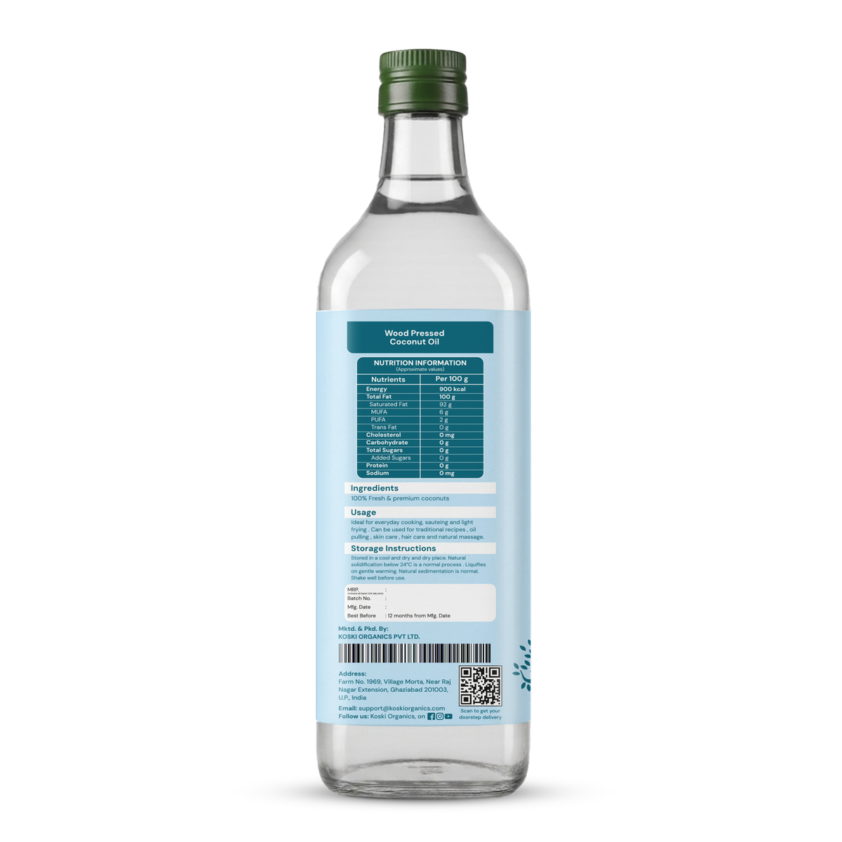 A clear glass bottle of sparkling water with a dark green cap and a light blue label showing nutritional information and ingredients, photographed on a white background.