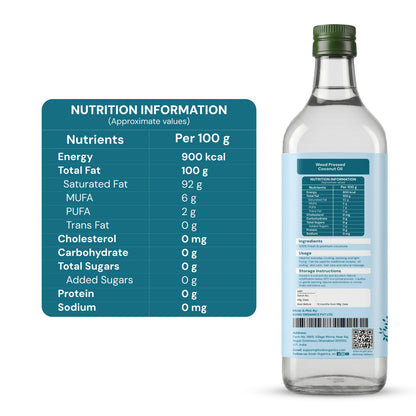 A clear glass bottle of distilled water with a green cap and a light blue back label, shown next to a teal nutrition information panel on a white background.