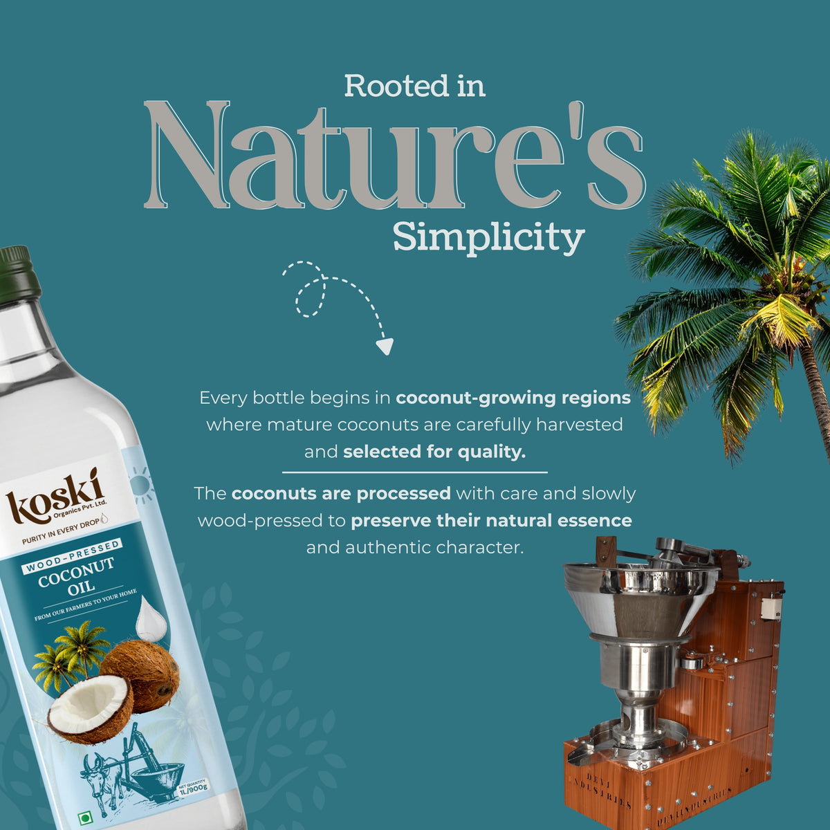 A promotional graphic for Koski Coconut Oil featuring a bottle of coconut oil on the left, a palm tree on the right, and a wooden coconut mill machine at bottom right, over a teal background with the text 'Rooted in Nature's Simplicity' and descriptive copy.