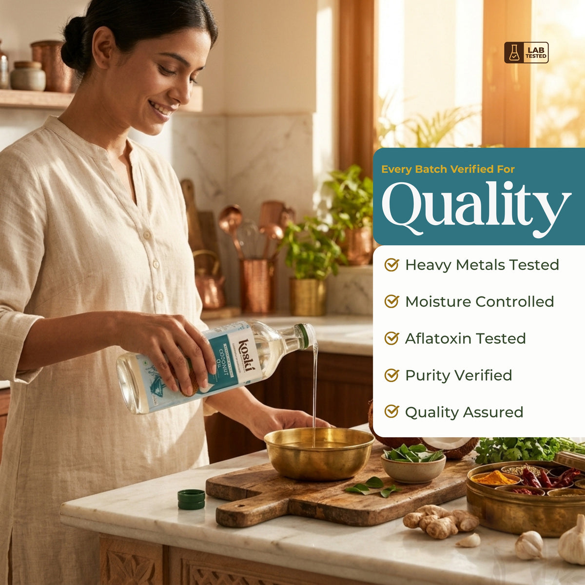 A woman in a beige kurta pours liquid from a clear bottle labeled 'Kavli' into a brass bowl on a marble countertop in a warm kitchen setting. A large text panel on the right reads 'Every Batch Verified For Quality' with bullet points about testing and purity.