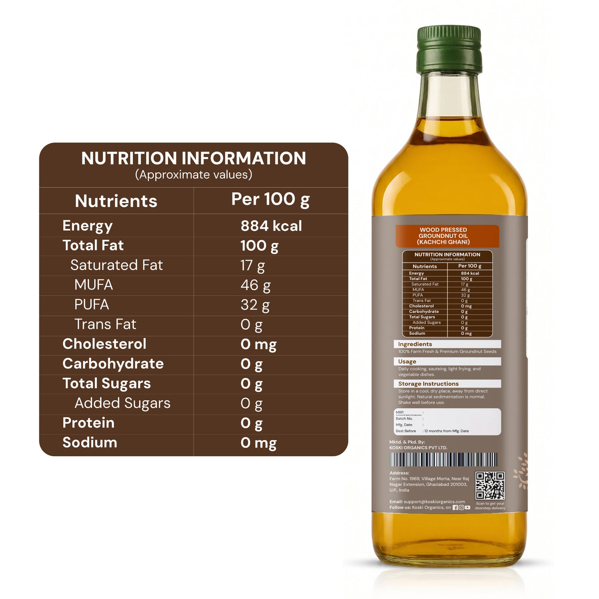 A bottle of wood-pressed flaxseed oil shown next to a brown nutrition information panel on a white background. The bottle has a green cap, amber-yellow oil inside, and a gray label with product details.