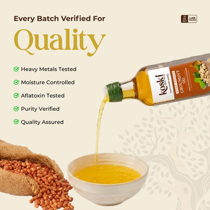 A bottle of Koski Oil being poured into a white bowl, with a stream of golden-yellow oil flowing down. The background is a warm beige with text detailing quality checks, alongside a burlap sack of peanuts.