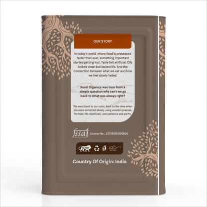 A brown resealable pouch of Kosi Organics Ghee, showing the back panel with product information, an 'Our Story' section, an FSSAI logo, and decorative brown floral patterns on a white background