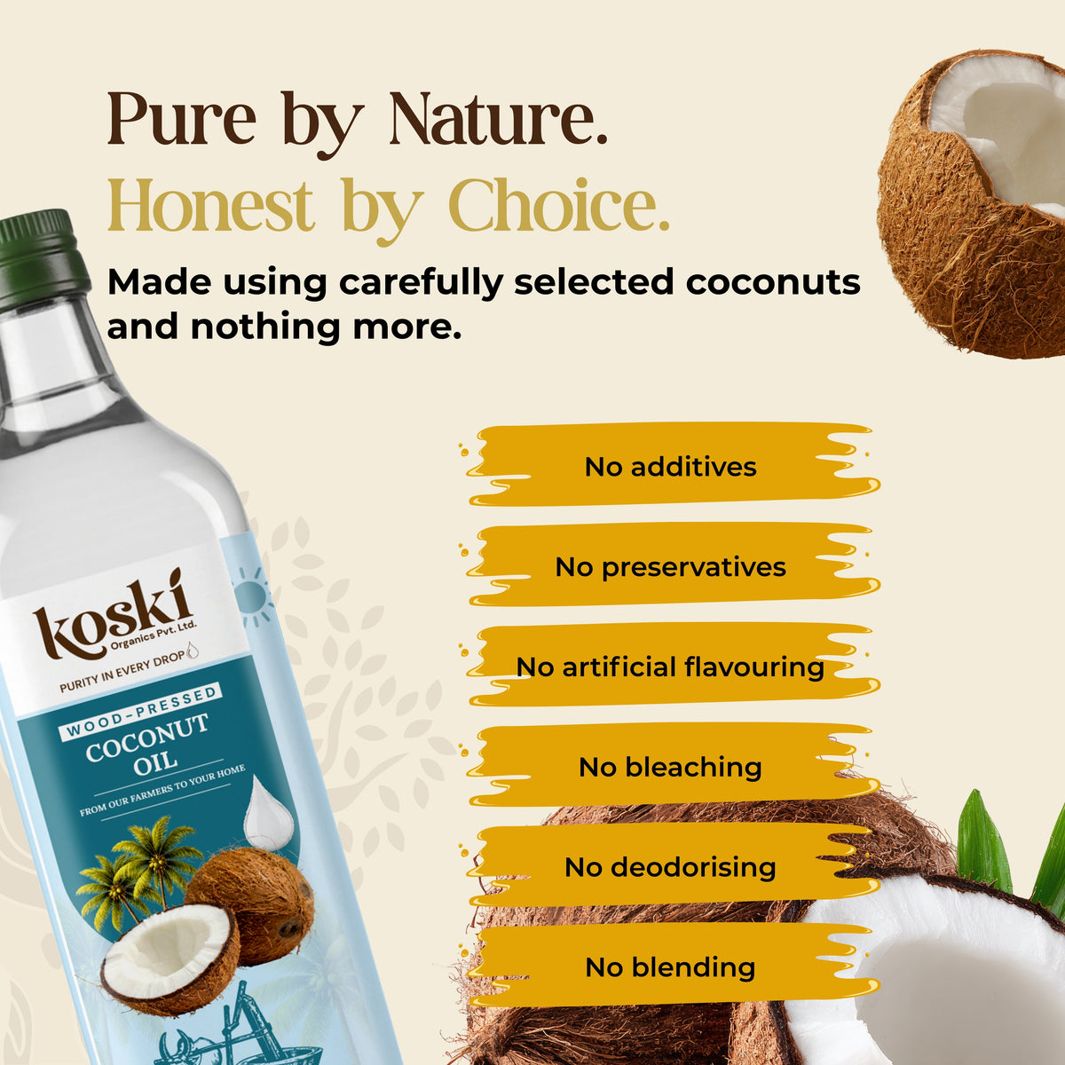 A bottle of Koski Wood & Fat Coconut Oil on a light beige background with promotional text and coconut imagery. The bottle label highlights key quality claims: no additives, no preservatives, no artificial flavouring, no bleaching, no deodorising, and no blending.
