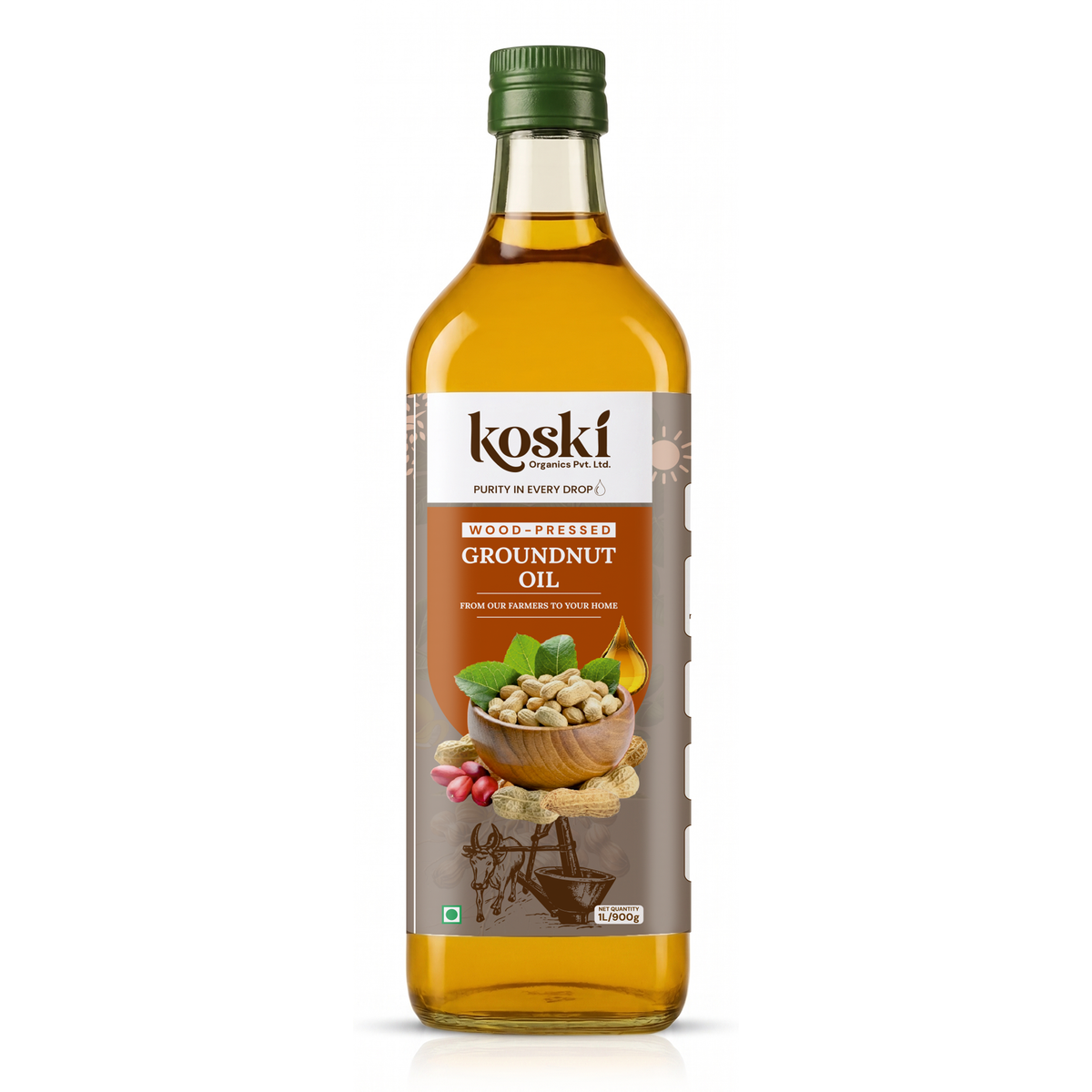 A bottle of Koski Wood Pressed Groundnut Oil with a green cap and a brown and white label showing peanuts and green leaves, set against a plain white background.