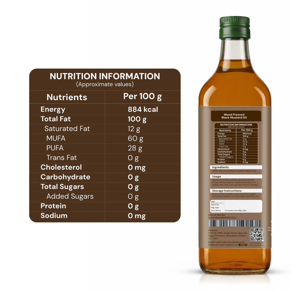A bottle of natural flavored almond milk with a green cap and brown label, shown next to a digital nutrition information panel detailing the nutritional values per 100g.