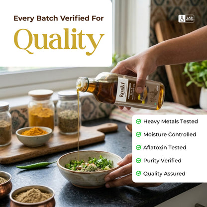 A person pours golden oil from a bottle labeled KOSKI into a bowl of chopped herbs and spices on a kitchen counter. The scene includes jars of spices, a wooden cutting board, and promotional text stating 'Every Batch Verified For Quality' with a checklist of tested qualities.