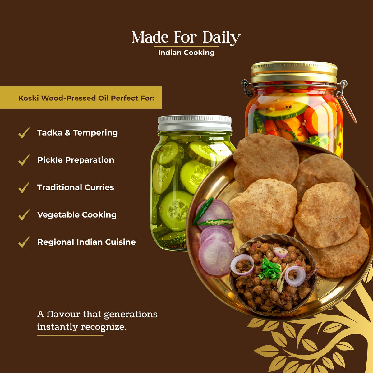 Promotional graphic for Koski organics Wood-Pressed Oil, showing a jar of pickled cucumbers, a jar of vegetables in oil, and a plate of Indian snacks on a dark brown background with text detailing its use for Indian cooking.