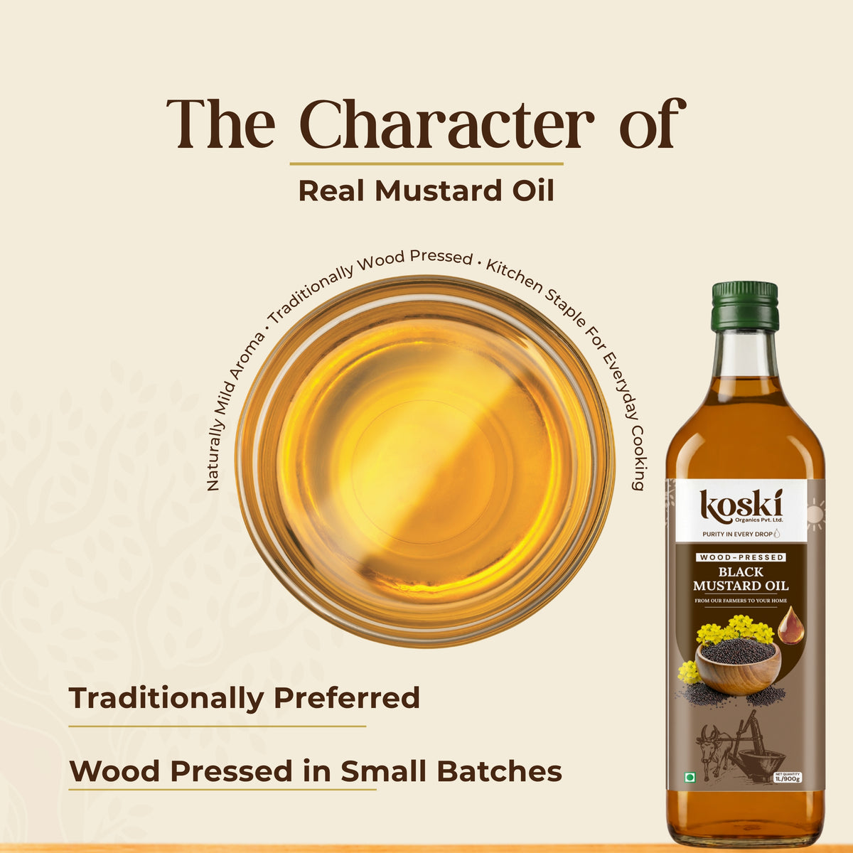 A bottle of koski Black Mustard Oil next to a circular glass bowl filled with golden yellow oil, set against a light beige background with promotional text.