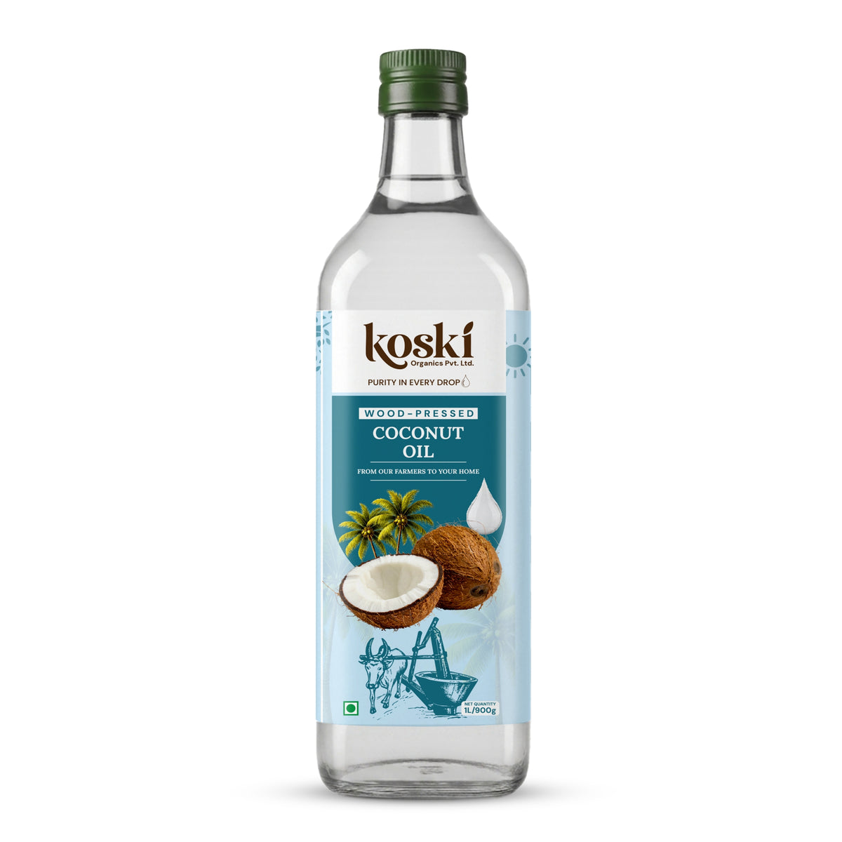 A bottle of Koski WoodPressed Coconut Oil on a clean white background. The clear glass bottle features a green screw cap and a light blue label with illustrations of a coconut, green leaves, and a traditional coconut grinder.