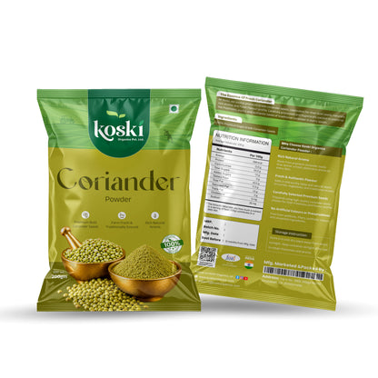 Two bags of Koski Coriander Powder shown on a white background, with one front-facing bag and one back-facing bag displaying nutrition and handling information.