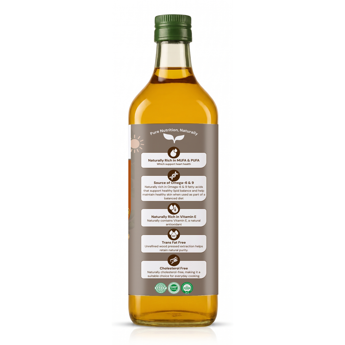 A bottle of golden yellow olive oil with a green cap and a brown label detailing product benefits, shown on a white background.