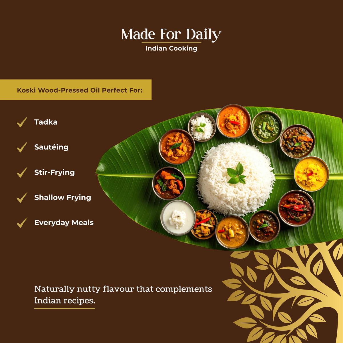 Promotional graphic for Koski Wood-Pressed Oil, featuring a central top-down food arrangement of rice and Indian curries on a banana leaf, set against a dark brown background with text highlighting use cases like tadka, sautéing, and stir-frying.
