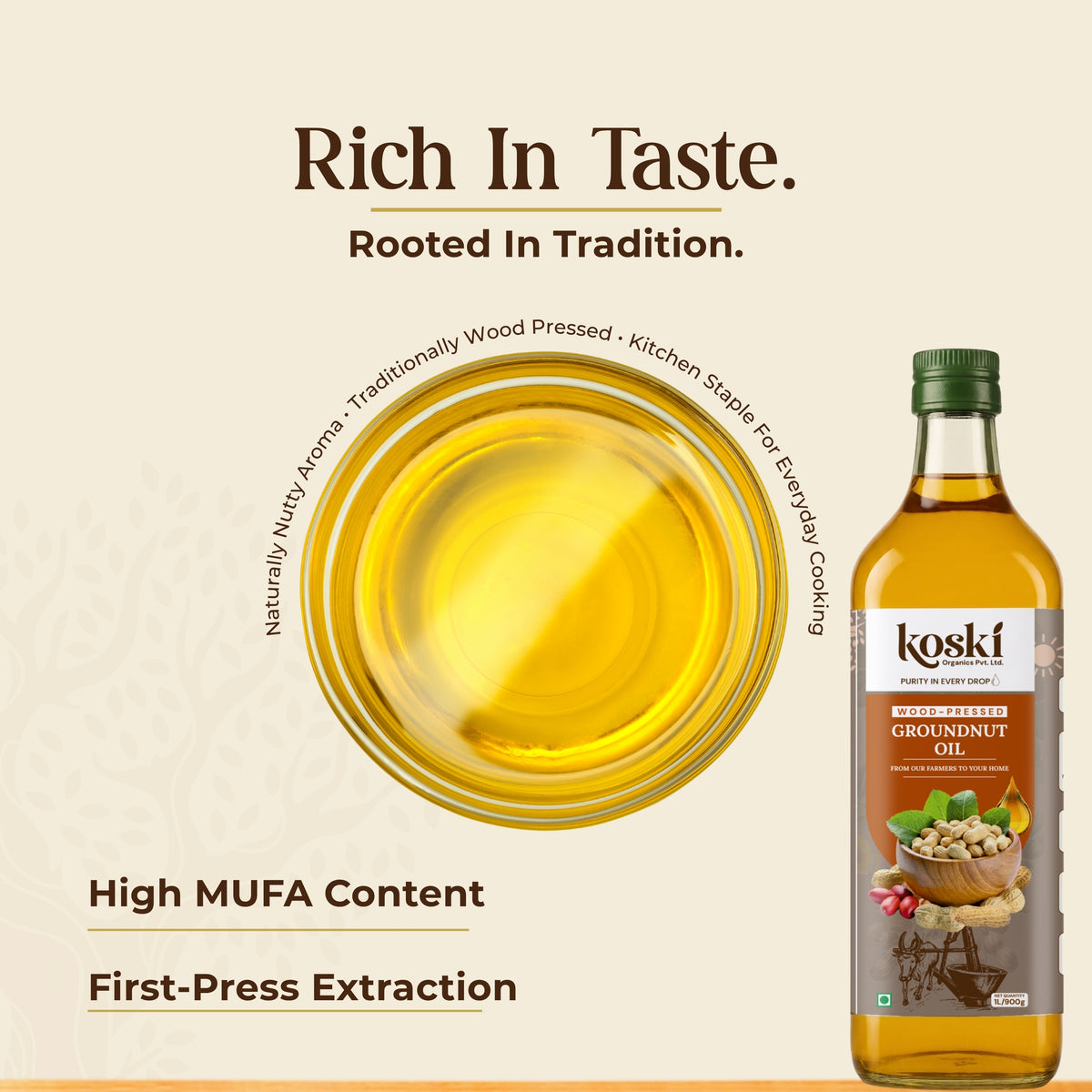 A bottle of Koski Groundnut Oil next to a glass bowl filled with golden oil, on a beige background with promotional text