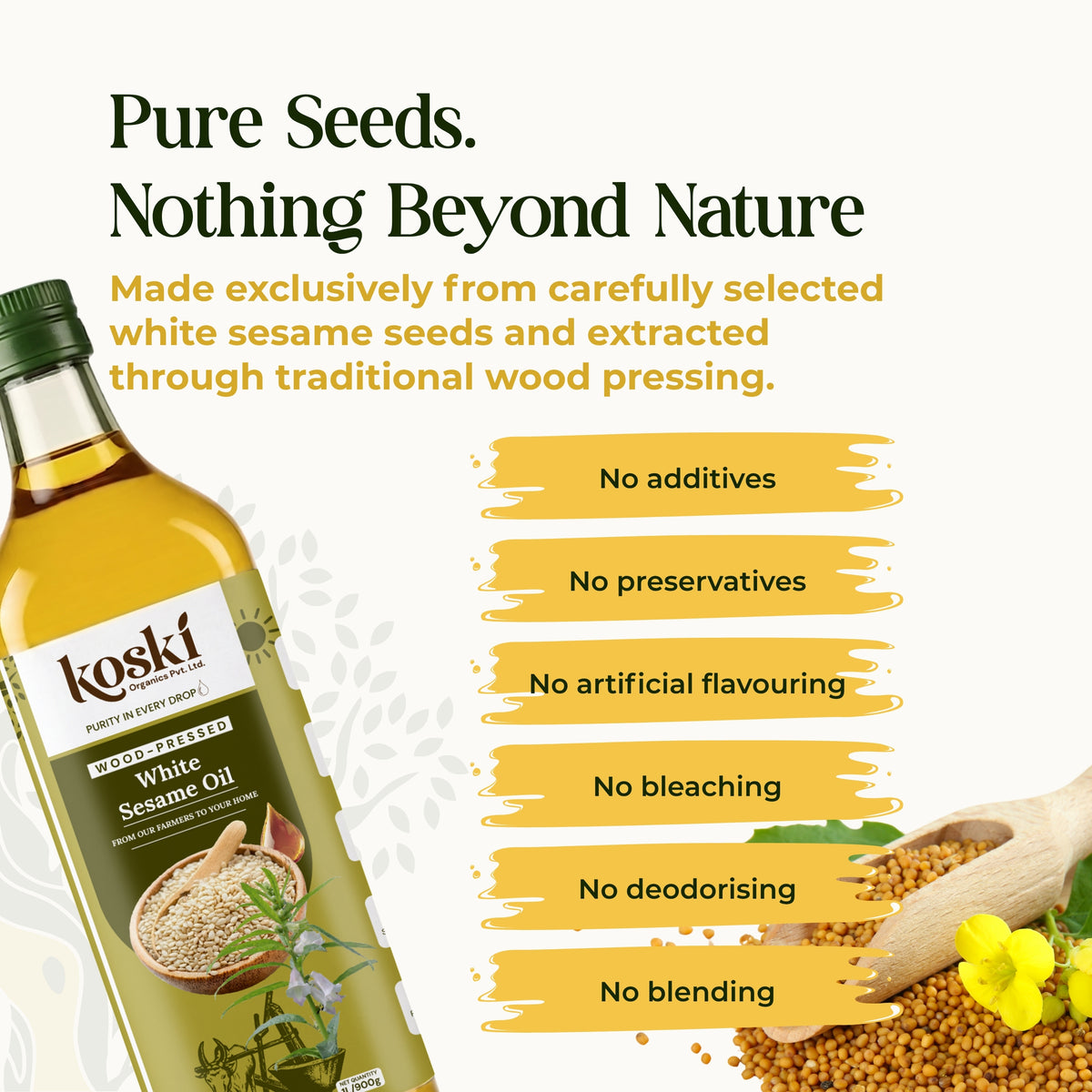 A bottle of Koski Pure Sesame White Sesame Oil shown on a clean white background with marketing text, a list of product benefits, and sesame seeds and flowers as supporting visuals.