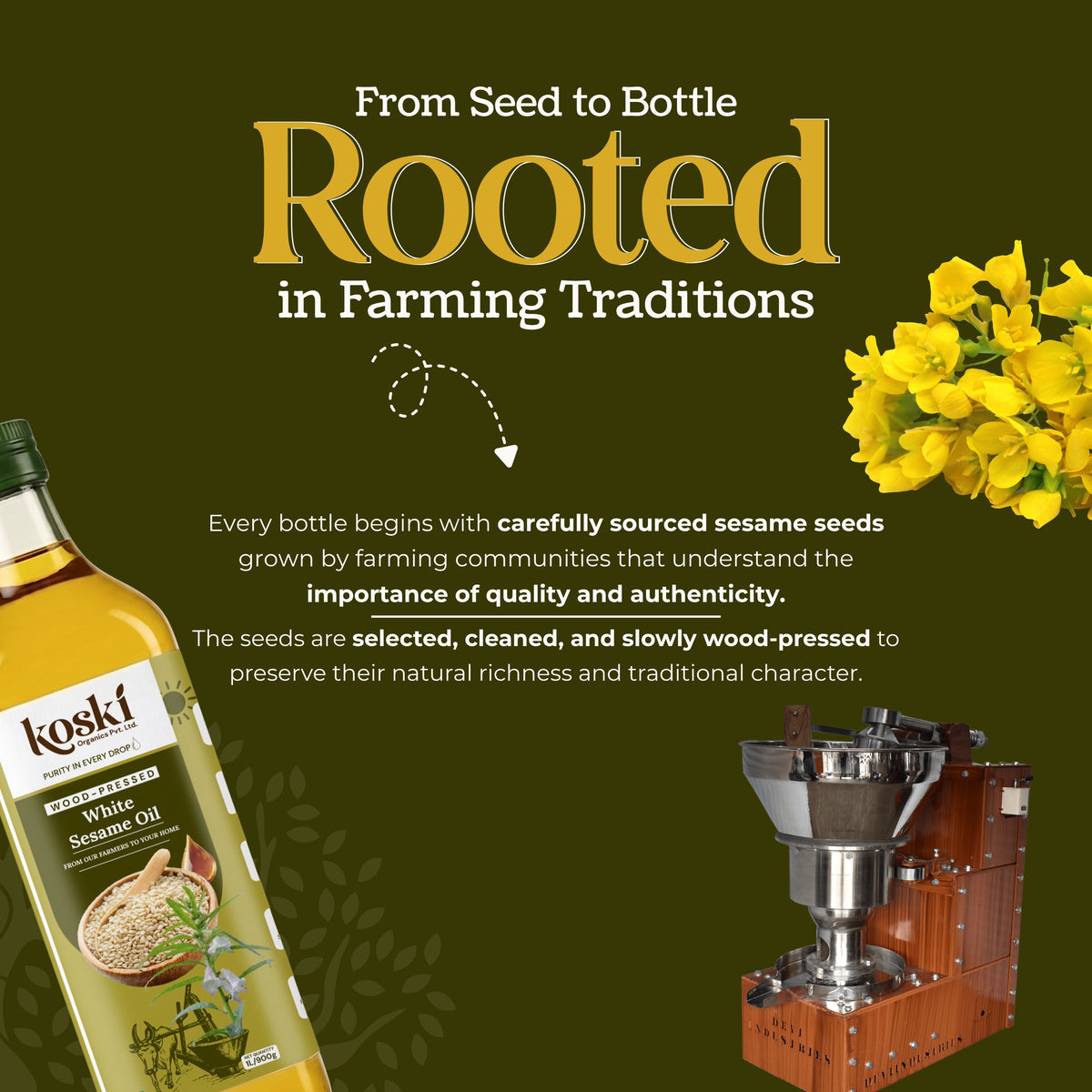 Promotional graphic for Koski Organics Raw Unscented White Sesame Oil, showing a bottle of sesame oil on the left, a wooden sesame oil mill on the right, and yellow sesame flowers on a dark olive green background with the headline 'Rooted in Farming Traditions'.