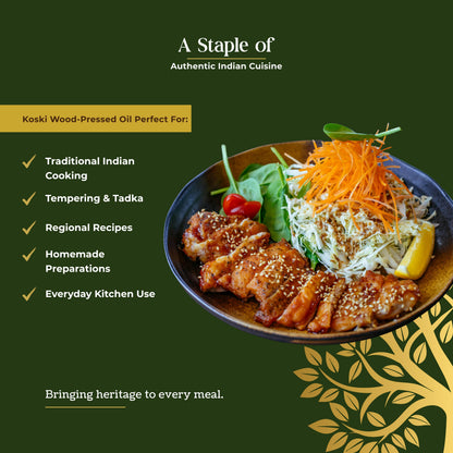 Promotional graphic for Koski Wood-Pressed Oil, featuring a plated dish of cooked chicken with shredded carrots and cabbage on a dark green background with text highlighting authentic Indian cooking benefits.