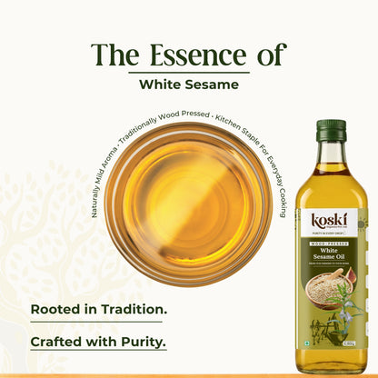 A bottle of Koski White Sesame Oil next to a glass bowl filled with golden white sesame oil, on a light cream background with text reading 'The Essence of White Sesame'.