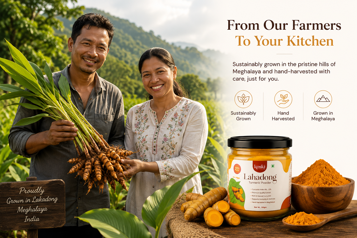 A promotional product image for Lahatong Turmeric Powder. On the left, a smiling man and woman stand in a lush green field holding freshly harvested turmeric roots.