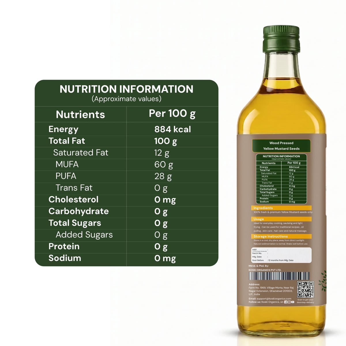 A bottle of yellow mustard seeds oil shown on a white background, with a front view and a side view displaying the nutrition label. An inset dark green panel on the left lists approximate nutrients per 100 g.