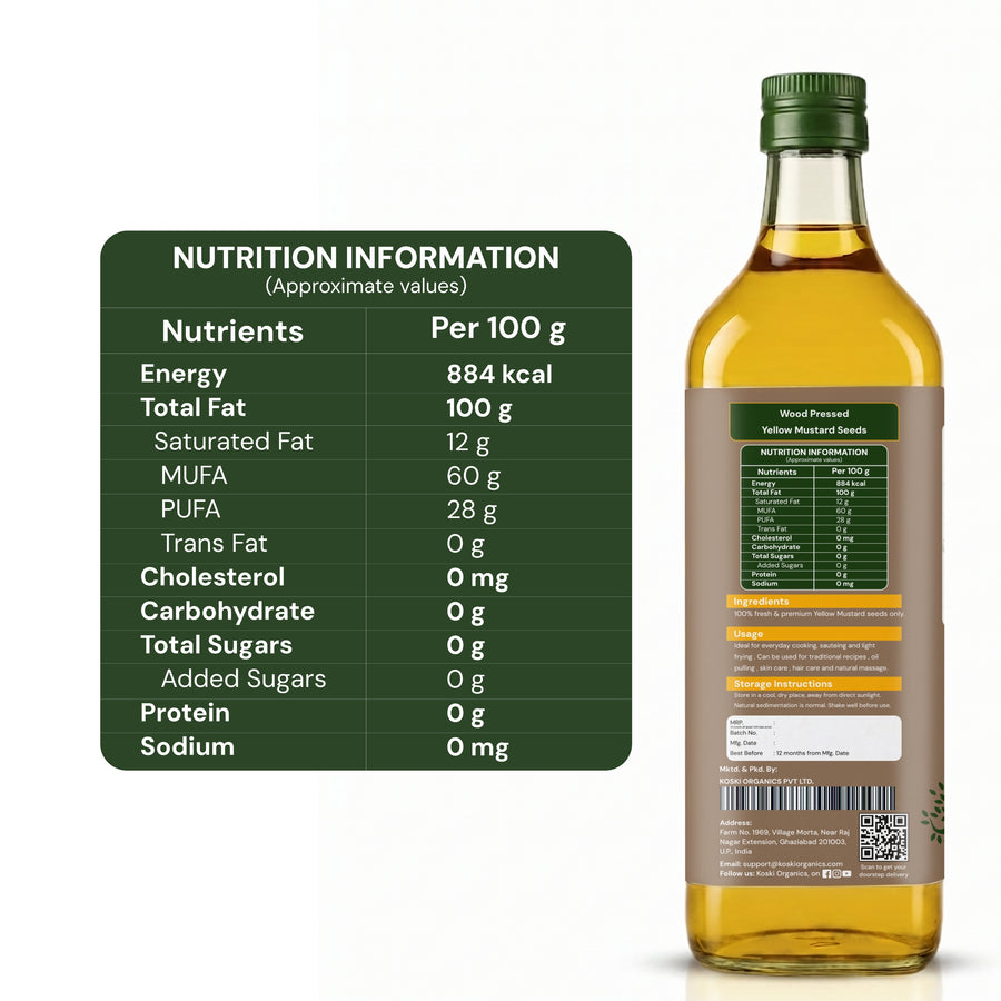 A bottle of yellow mustard seeds oil shown on a white background, with a front view and a side view displaying the nutrition label. An inset dark green panel on the left lists approximate nutrients per 100 g.