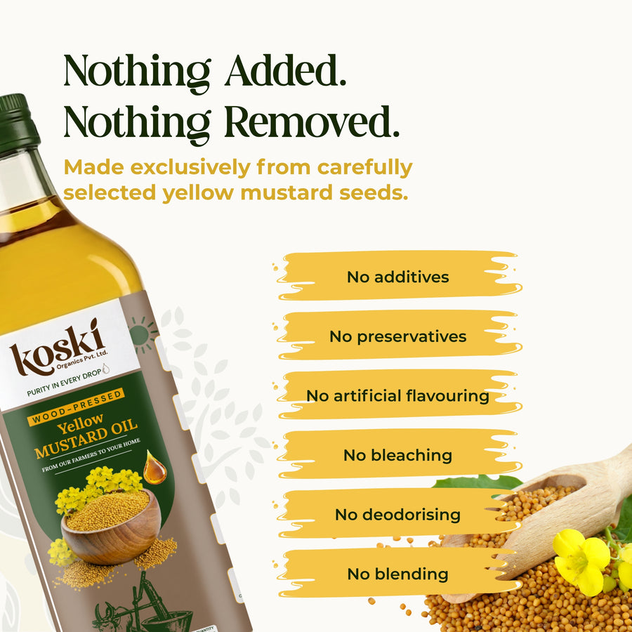 A bottle of Koski Organics unrefined yellow mustard oil shown on a clean off-white background with marketing text and a list of claims such as 'No additives,' 'No preservatives,' and 'No artificial flavouring.'.