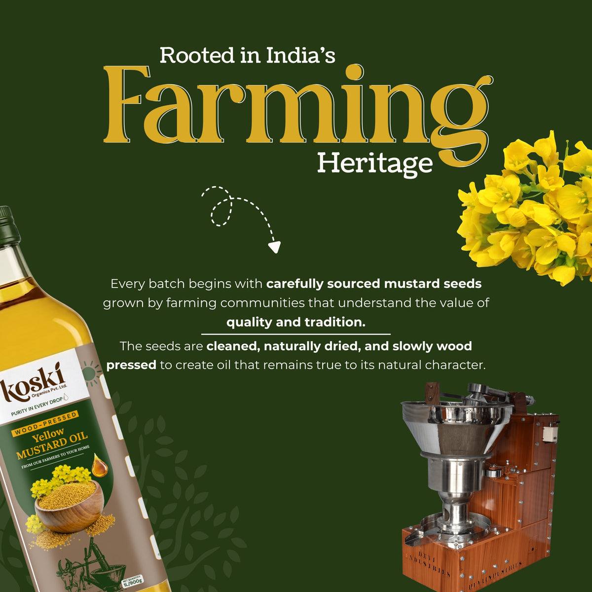 Promotional graphic for Koski Yellow Mustard Oil featuring a bottle of oil on the left, a wooden and stainless steel oil press machine on the right, and yellow mustard flowers on a dark green background with the text 'Rooted in India's Farming Heritage'.