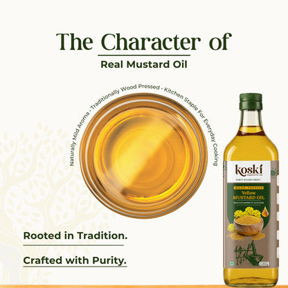 A bottle of Koski  OrganicsYellow Mustard Oil next to a circular close-up of the golden oil inside a glass bowl, with marketing text reading 'The Character of Real Mustard Oil' and 'Rooted in Tradition. Crafted with Purity.