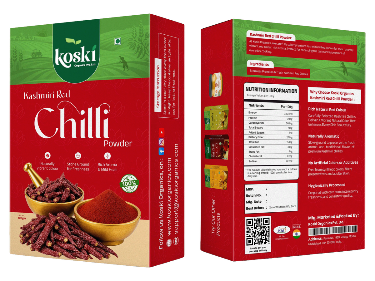 Front and back views of a Koski Kashmiri Red Chilli Powder box on a plain white background, showing the red packaging with green top panel, product imagery of dried red chilies in bowls, and back panel with nutrition info and QR code