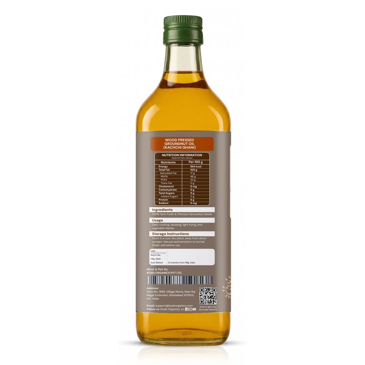 A bottle of 1000 ml extra virgin  oil shown from the back, featuring a brown label with nutritional information and a green screw cap, on a white background.