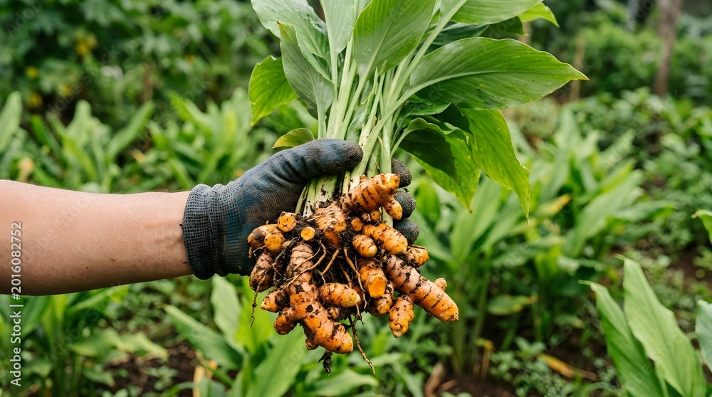 A hand wearing a black gardening glove holds a freshly harvested bunch of turmeric roots with green leaves in a lush green garden.