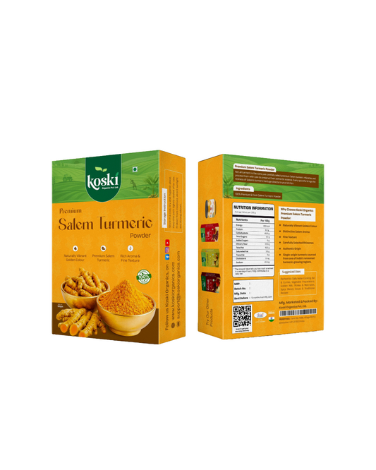 Two boxes of Koski Premium Salem Turmeric Powder shown on a plain white background, with one box displaying the front and the other showing the back panel with nutritional information and product details.