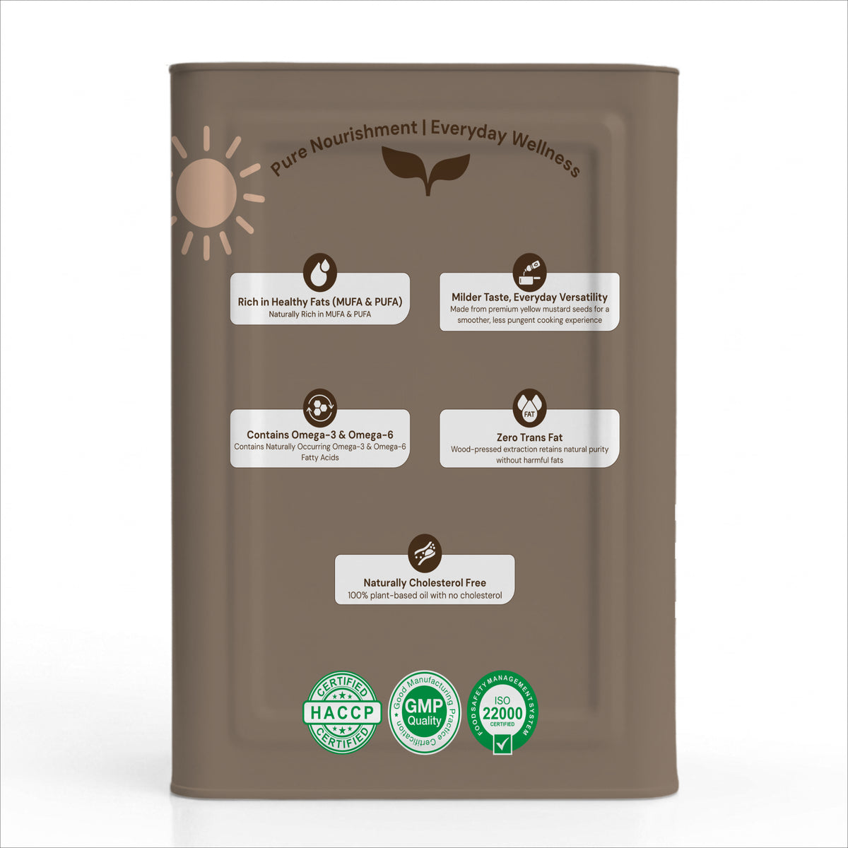 A brown rectangular supplement canister with rounded corners, featuring product information and certification logos on the front. The canister is brown with beige and green graphics and text, including 'Pure Nourishment | Everyday Wellness' and certification badges at the bottom