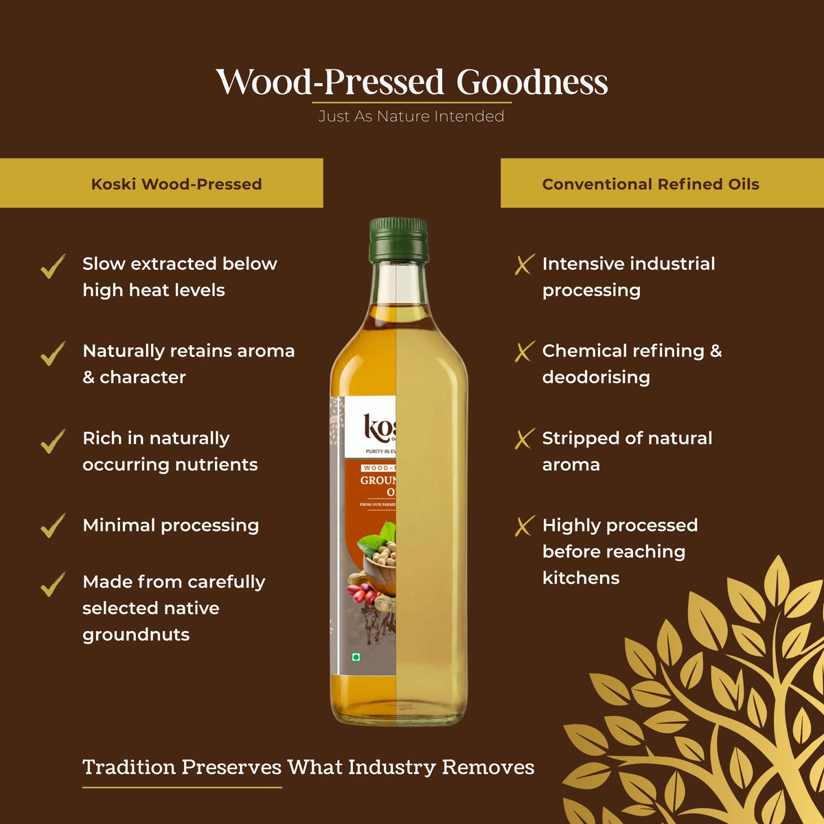 A promotional graphic for Koski Wood-Pressed Grains & Herbs Oil, showing a glass bottle of golden oil centered on a dark brown background with comparison text and gold decorative leaf graphics.