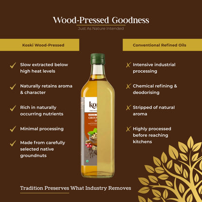 A promotional graphic for Koski Wood-Pressed Grains & Herbs Oil, showing a glass bottle of golden oil centered on a dark brown background with comparison text and gold decorative leaf graphics.