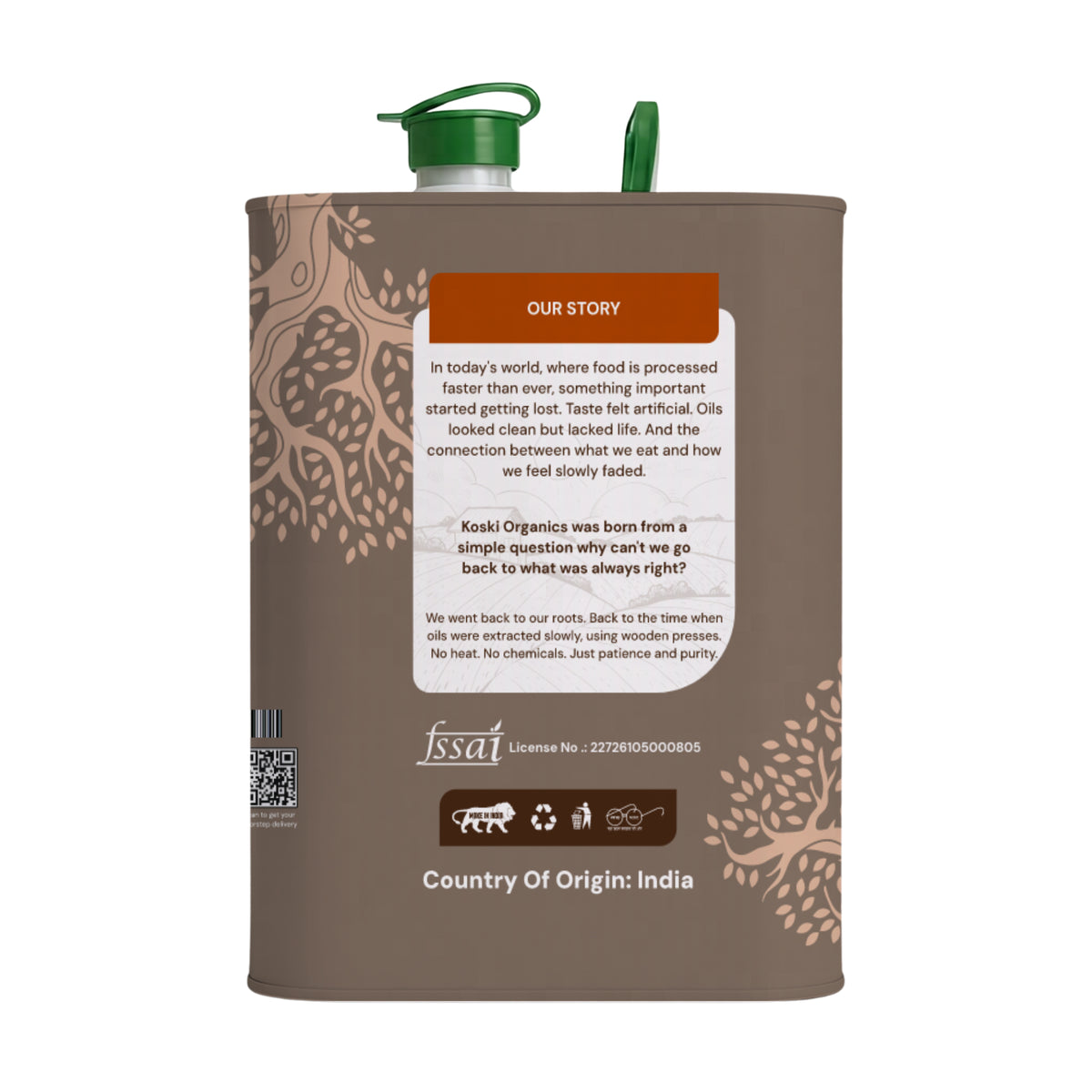 A large brown cylindrical plastic container with a green cap and spout, showing the back side of the packaging with printed text and logos on a white background.