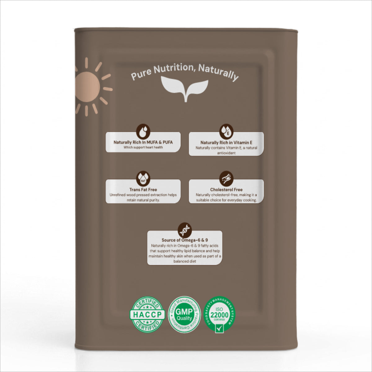 A tall, matte brown canister of Naturally Health & Pura pet supplement powder, featuring white text and green certification logos at the bottom, set against a clean white background.

Details