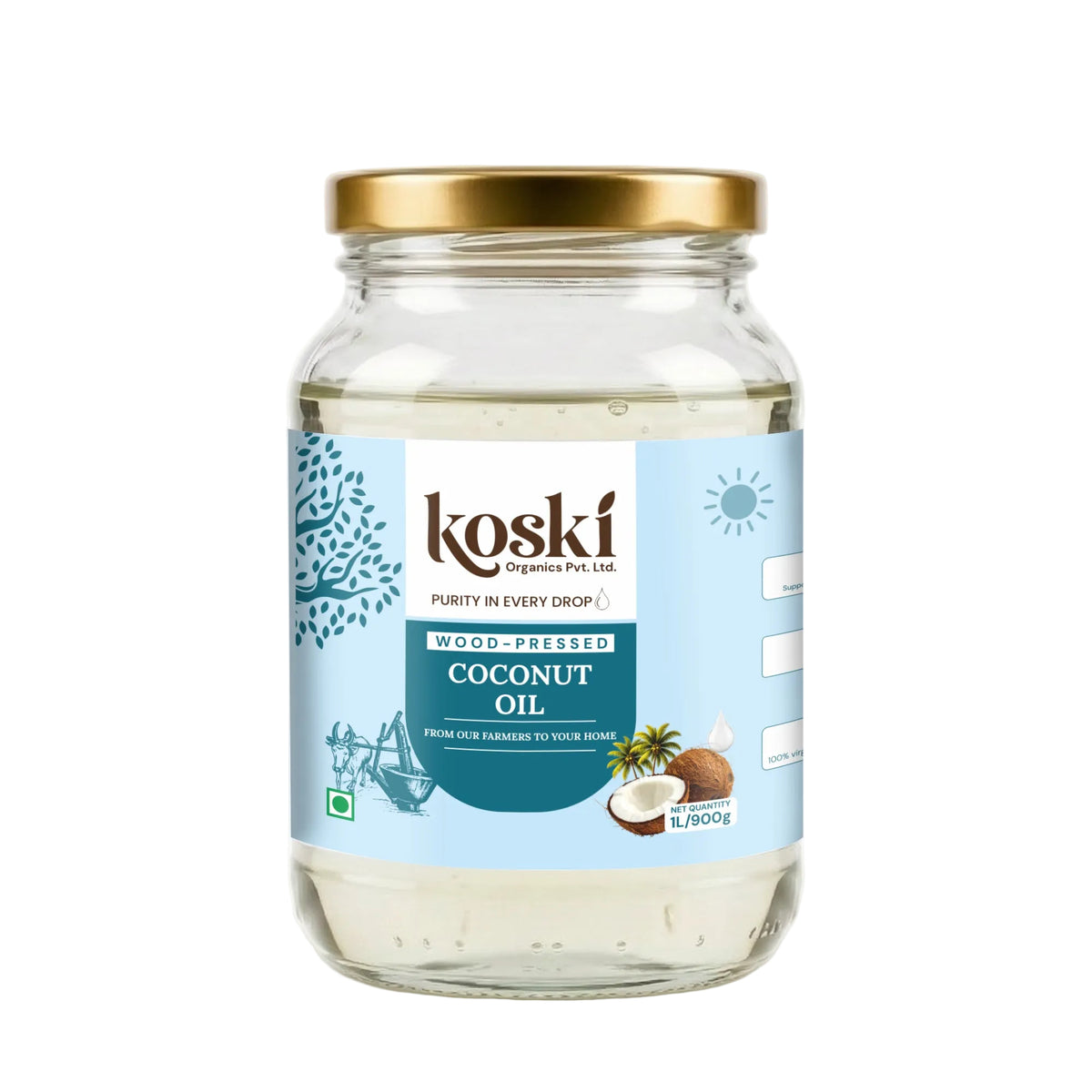 A glass jar of Koski Organic Coconut Oil with a gold metal lid and a light blue label, set against a plain white background.