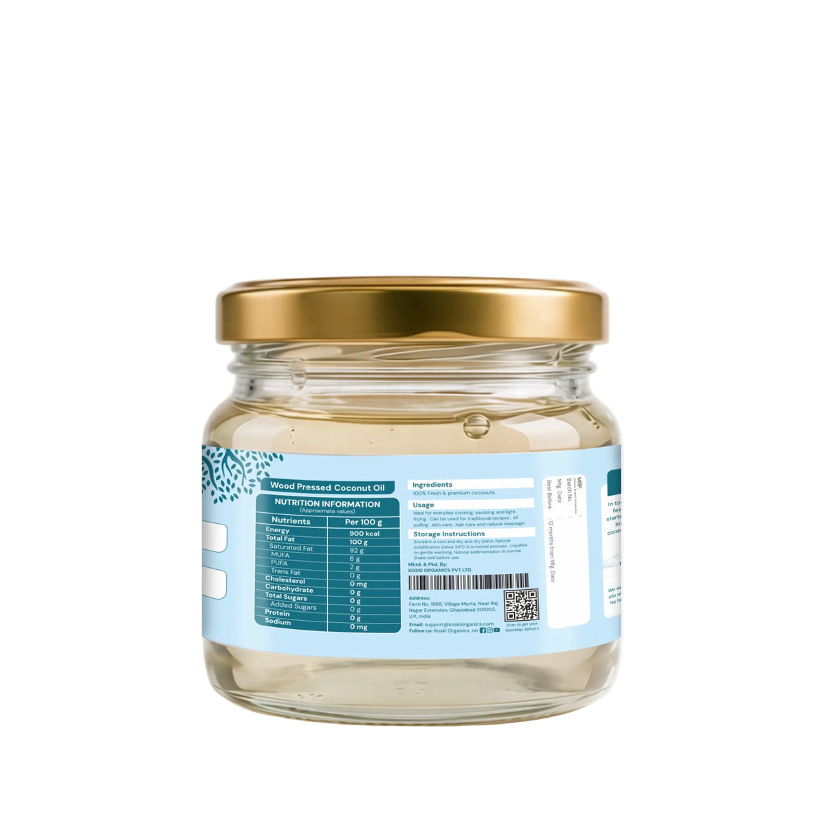 Koski Organics A glass jar of coconut oil with a gold metal lid and a light blue label showing nutritional information, photographed against a clean white background.