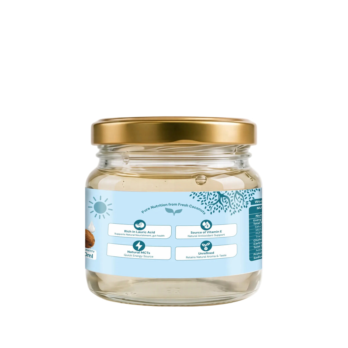 A glass jar of coconut oil with a gold metal lid and a light blue label, set against a clean white background.

Details